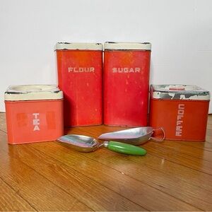 Vintage Beautyware Flour Sugar Coffee Tea Kitchen Container Tins With Scoops